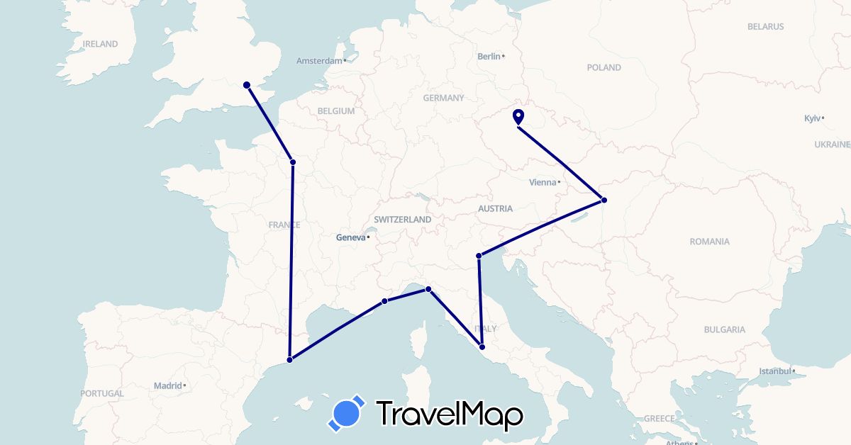 TravelMap itinerary: driving in Czech Republic, Spain, France, United Kingdom, Hungary, Italy (Europe)